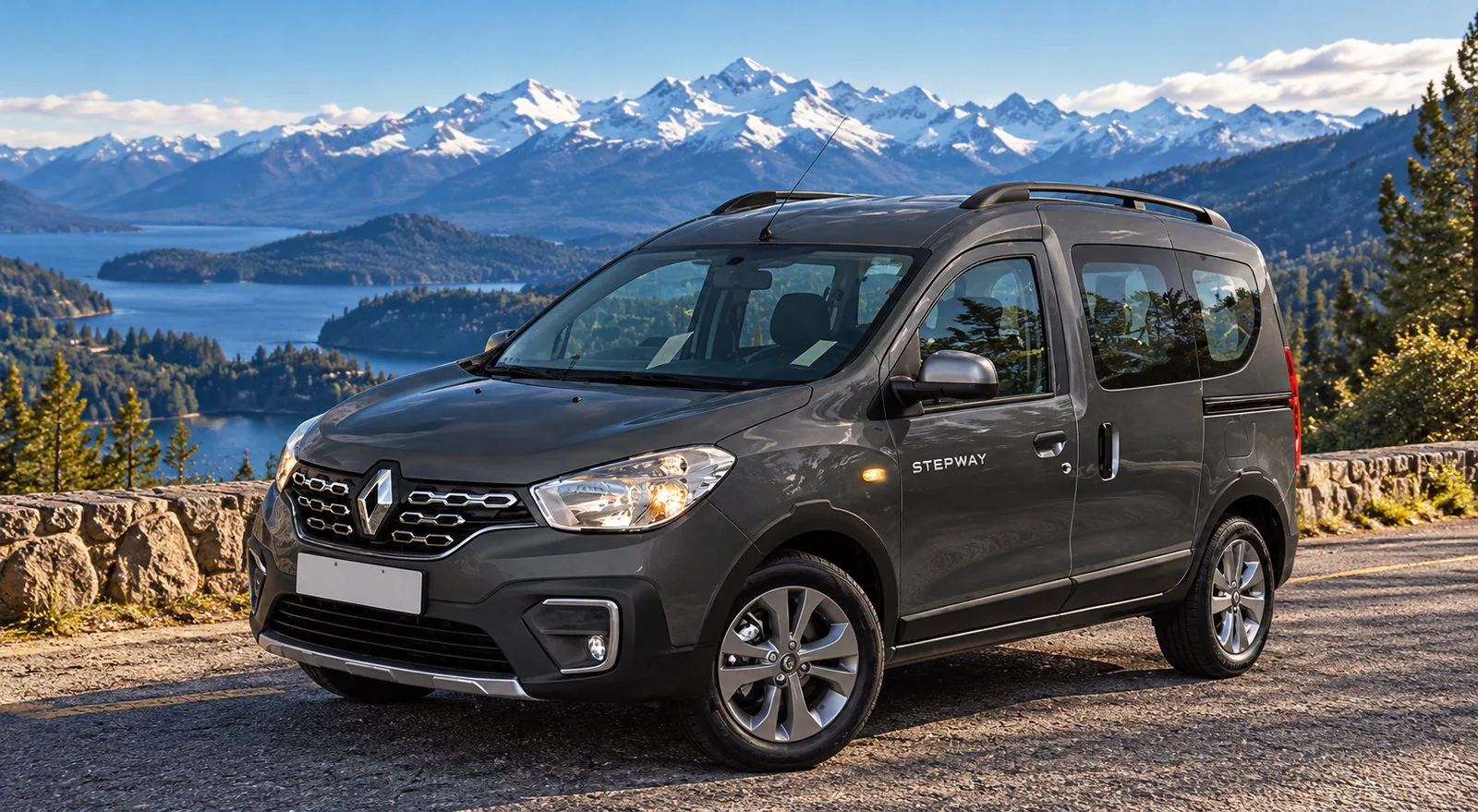 Renault Kangoo Stepway gris frente a la cordillera