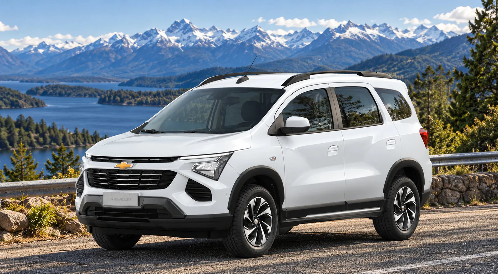 Chevrolet Spin blanca junto a un lago de montaña
